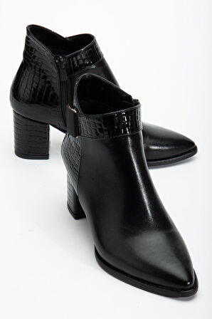 Siyah Kadın Topuklu Bot Kroko Rugan ve Suni Deri Tokalı