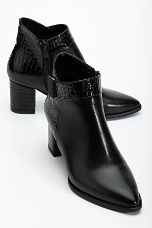 Siyah Kadın Topuklu Bot Kroko Rugan ve Suni Deri Tokalı