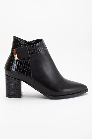 Siyah Kadın Topuklu Bot Kroko Rugan ve Suni Deri Tokalı