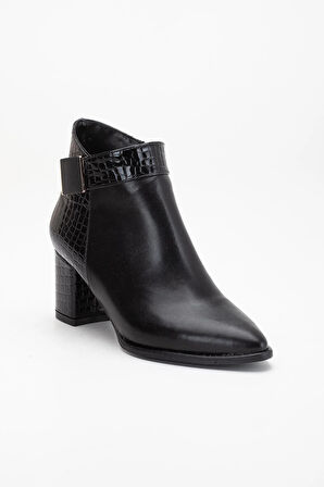 Siyah Kadın Topuklu Bot Kroko Rugan ve Suni Deri Tokalı