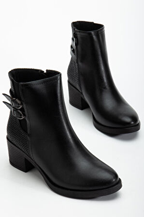 Siyah Kadın Topuklu Bot Hasır Detaylı Suni Deri Tokalı