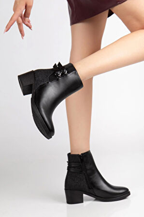 Siyah Kadın Topuklu Bot Hasır Detaylı Suni Deri Tokalı
