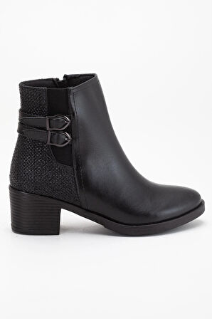 Siyah Kadın Topuklu Bot Hasır Detaylı Suni Deri Tokalı