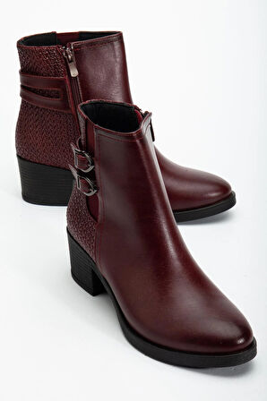 Bordo Kadın Topuklu Bot Hasır Detaylı Suni Deri Tokalı