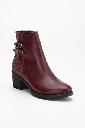 Bordo Kadın Topuklu Bot Hasır Detaylı Suni Deri Tokalı