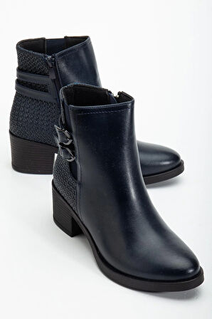 Lacivert Kadın Topuklu Bot Hasır Detaylı Suni Deri Tokalı