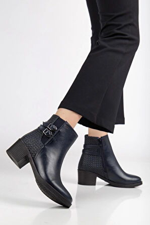 Lacivert Kadın Topuklu Bot Hasır Detaylı Suni Deri Tokalı