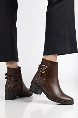 Kahverengi Kadın Topuklu Bot Hasır Detaylı Suni Deri Tokalı