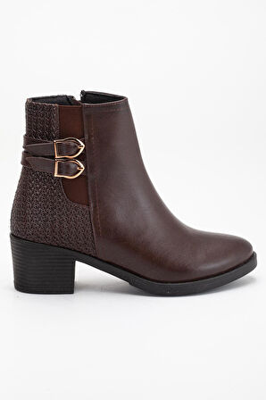 Kahverengi Kadın Topuklu Bot Hasır Detaylı Suni Deri Tokalı