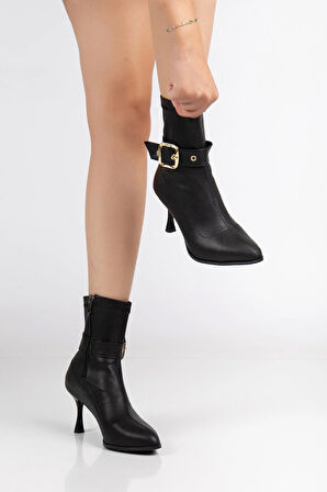 Siyah Kadın Topuklu Bot Streç Suni Deri İnce Topuklu