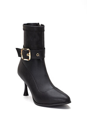 Siyah Kadın Topuklu Bot Streç Suni Deri İnce Topuklu