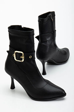 Siyah Kadın Topuklu Bot Streç Suni Deri İnce Topuklu