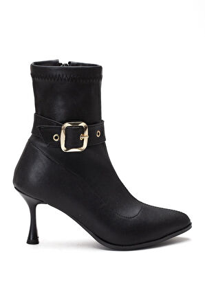 Siyah Kadın Topuklu Bot Streç Suni Deri İnce Topuklu