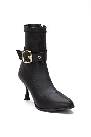Siyah Kadın Topuklu Bot Streç Suni Deri İnce Topuklu