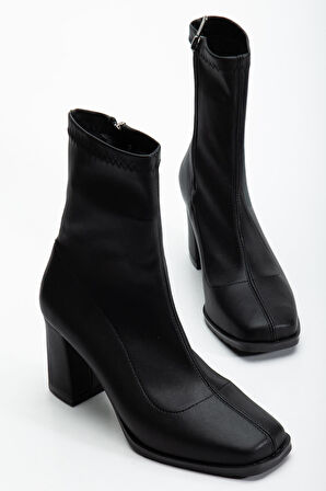 Siyah Kadın Topuklu Bot Streç Suni Deri Küt Burunlu Kalın Topuklu