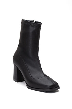 Siyah Kadın Topuklu Bot Streç Suni Deri Küt Burunlu Kalın Topuklu