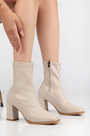 Bej Kadın Topuklu Bot Streç Suni Deri Küt Burunlu Kalın Topuklu