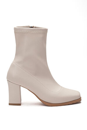 Bej Kadın Topuklu Bot Streç Suni Deri Küt Burunlu Kalın Topuklu