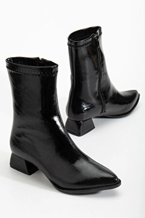 kadın Kısa Topuklu Bot Siyah Rugan Yüzü Dikişli