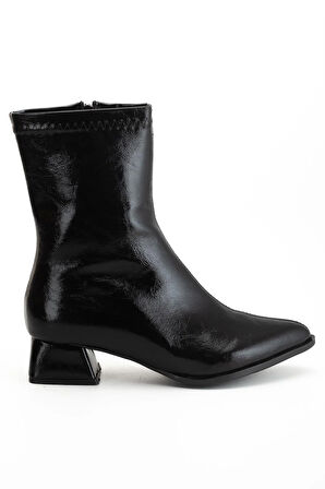 kadın Kısa Topuklu Bot Siyah Rugan Yüzü Dikişli