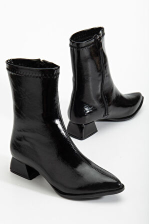 kadın Kısa Topuklu Bot Siyah Rugan Yüzü Dikişli