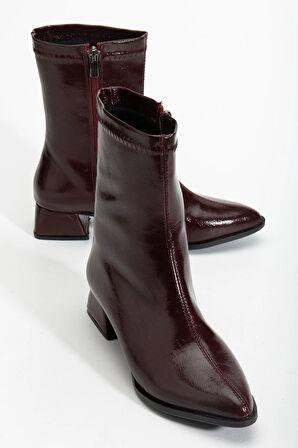 kadın Kısa Topuklu Bot Bordo Rugan Yüzü Dikişli