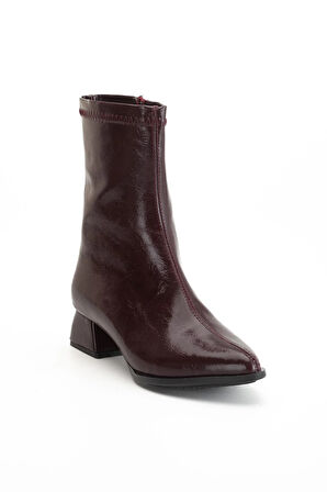 kadın Kısa Topuklu Bot Bordo Rugan Yüzü Dikişli