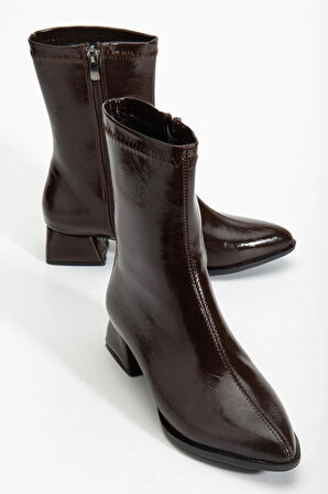 kadın Kısa Topuklu Bot Kahve Rugan Yüzü Dikişli