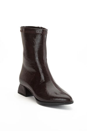 kadın Kısa Topuklu Bot Kahve Rugan Yüzü Dikişli