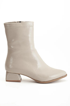 kadın Kısa Topuklu Bot Bej Rugan Yüzü Dikişli