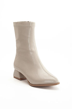 kadın Kısa Topuklu Bot Bej Rugan Yüzü Dikişli