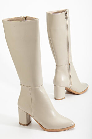 Kadın Topuklu Çİzme Bej Suni Deri Sivri Burun