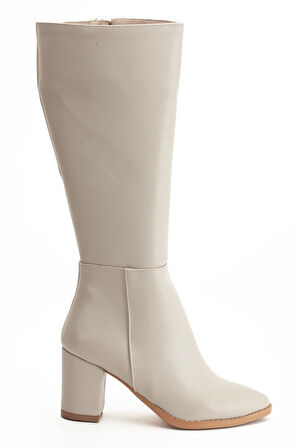 Kadın Topuklu Çİzme Bej Suni Deri Sivri Burun