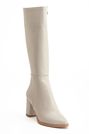 Kadın Topuklu Çİzme Bej Suni Deri Sivri Burun