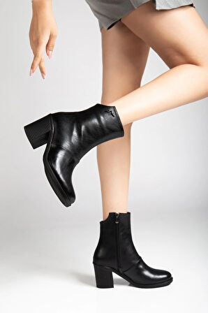 Siyah Kadın Topuklu Bot Termo Taban Kalın Topuklu Suni Deri Yüzü Parçalı