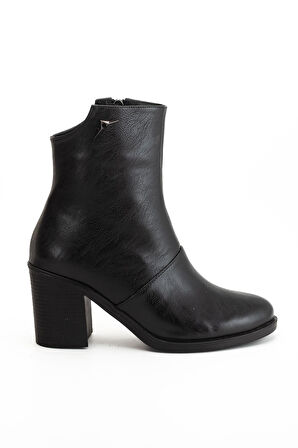 Siyah Kadın Topuklu Bot Termo Taban Kalın Topuklu Suni Deri Yüzü Parçalı