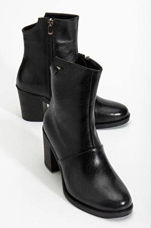 Siyah Kadın Topuklu Bot Termo Taban Kalın Topuklu Suni Deri Yüzü Parçalı