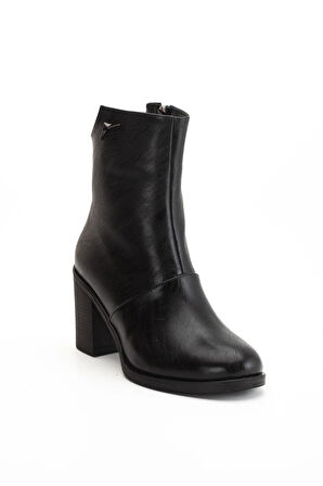 Siyah Kadın Topuklu Bot Termo Taban Kalın Topuklu Suni Deri Yüzü Parçalı