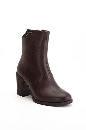 Kahverengi Kadın Topuklu Bot Termo Taban Kalın Topuklu Suni Deri Yüzü Parçalı