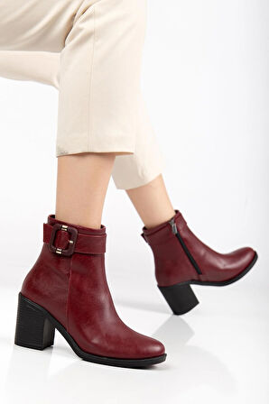 Bordo Kadın Topuklu Bot Suni Deri Terrmo Taban Yüzüdüz