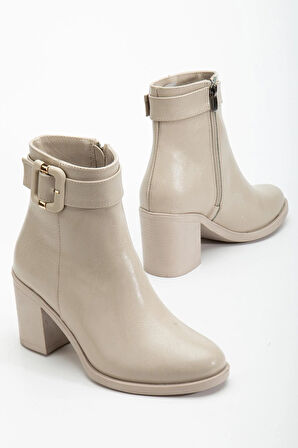 Bej Kadın Topuklu Bot Suni Deri Terrmo Taban Yüzüdüz