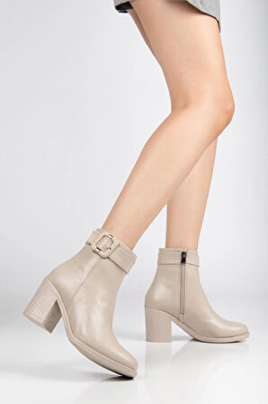 Bej Kadın Topuklu Bot Suni Deri Terrmo Taban Yüzüdüz