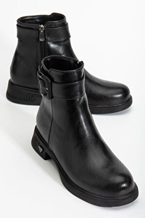 Siyah Kadın Bot Suni Deri Kauçuk Taban Tokalı