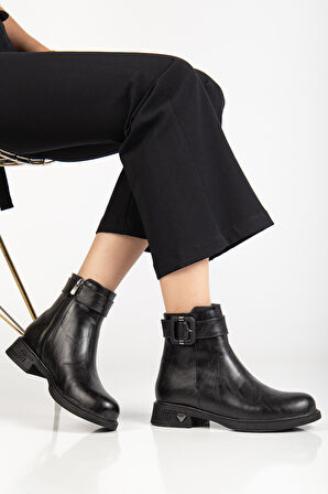 Siyah Kadın Bot Suni Deri Kauçuk Taban Tokalı