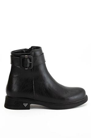 Siyah Kadın Bot Suni Deri Kauçuk Taban Tokalı