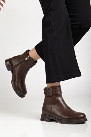 Kahverengi Kadın Bot Suni Deri Kauçuk Taban Tokalı