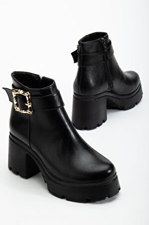 Siyah Kadın Platform Topuklu Bot Tokalı Suni Deri