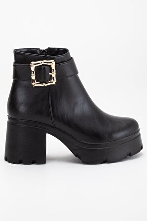 Siyah Kadın Platform Topuklu Bot Tokalı Suni Deri