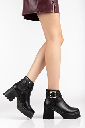 Siyah Kadın Platform Topuklu Bot Tokalı Suni Deri