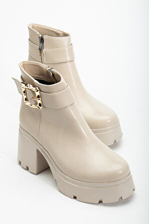 Bej Kadın Platform Topuklu Bot Tokalı Suni Deri